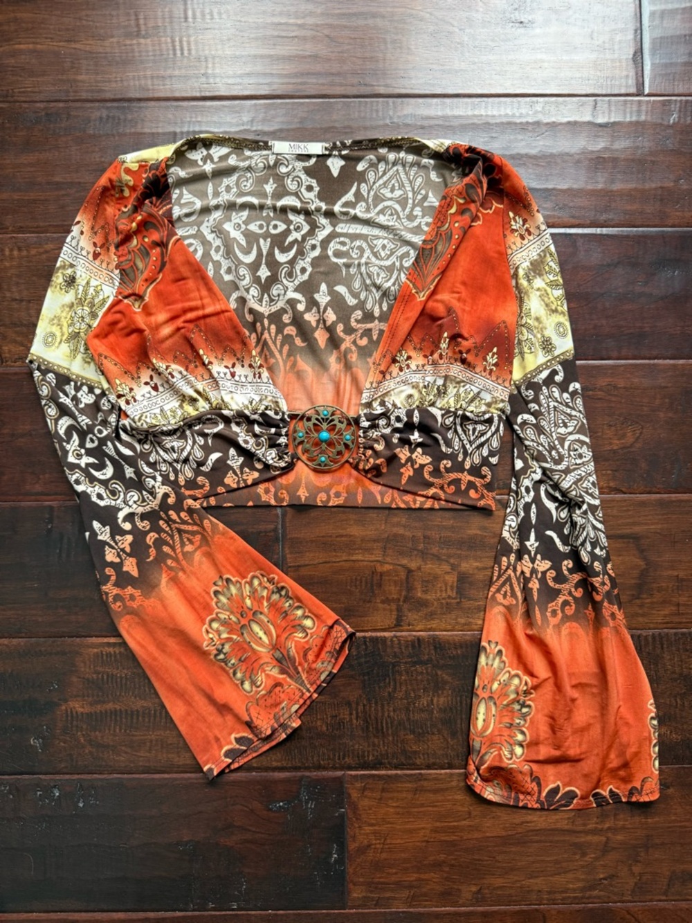 Vintage Y2K Made in USA Orange Paisley Stretch Crop Top with Decorative Buckle